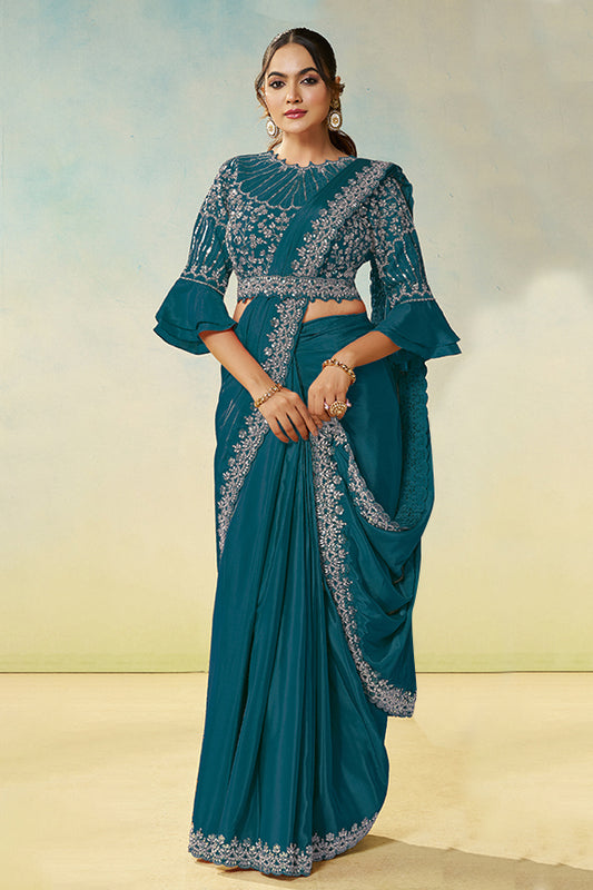 Teal Blue Natural Satin Silk Saree | Dual Sequin, Embroidery & Silver Stone Handwork with Waist Belt