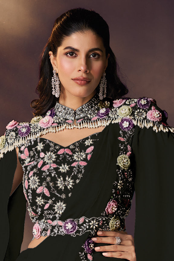 Black Two Tone Satin Silk Saree | Sequins Embroidery, Pearl & Stone Embellishment with Blouse, Cape & Belt