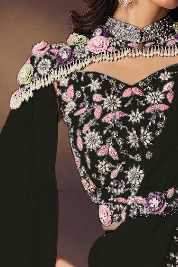 Black Two Tone Satin Silk Saree | Sequins Embroidery, Pearl & Stone Embellishment with Blouse, Cape & Belt