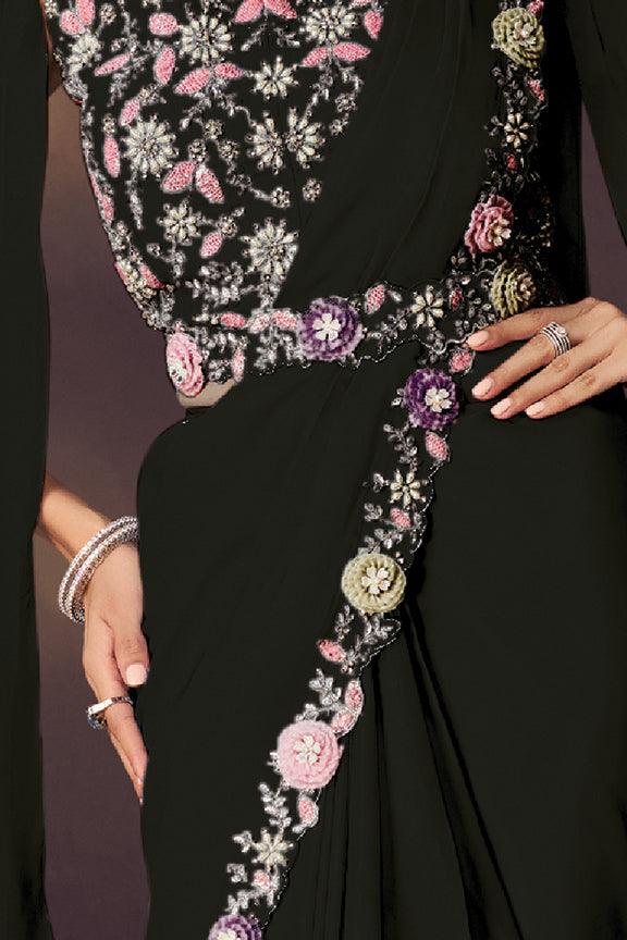 Black Two Tone Satin Silk Saree | Sequins Embroidery, Pearl & Stone Embellishment with Blouse, Cape & Belt