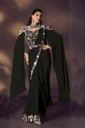 Black Two Tone Satin Silk Saree | Sequins Embroidery, Pearl & Stone Embellishment with Blouse, Cape & Belt