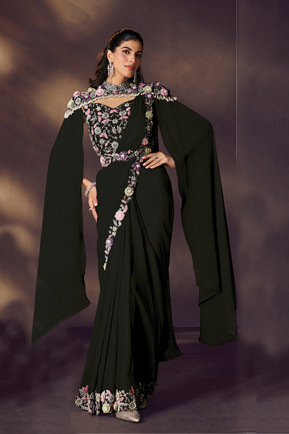 Black Two Tone Satin Silk Saree | Sequins Embroidery, Pearl & Stone Embellishment with Blouse, Cape & Belt