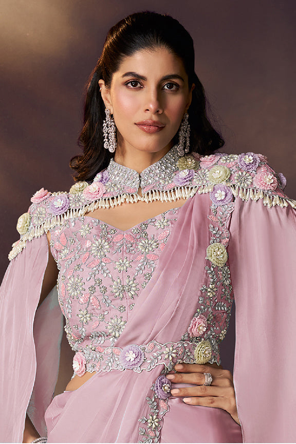 Pink Two Tone Satin Silk Saree | Sequins Embroidery, Pearl & Stone Embellishment with Blouse, Cape & Belt