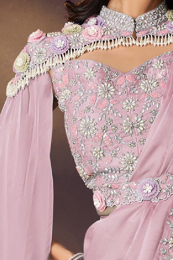 Pink Two Tone Satin Silk Saree | Sequins Embroidery, Pearl & Stone Embellishment with Blouse, Cape & Belt