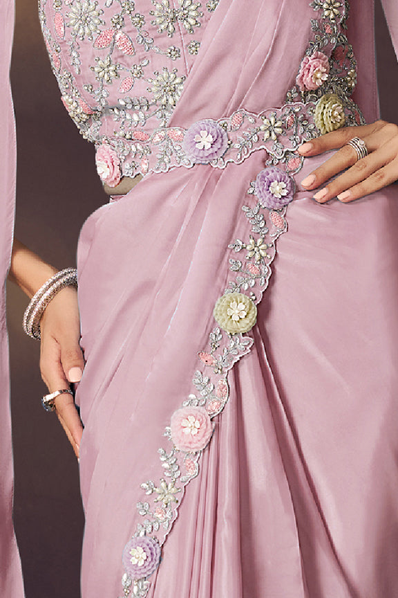 Pink Two Tone Satin Silk Saree | Sequins Embroidery, Pearl & Stone Embellishment with Blouse, Cape & Belt