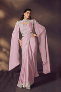 Pink Two Tone Satin Silk Saree | Sequins Embroidery, Pearl & Stone Embellishment with Blouse, Cape & Belt