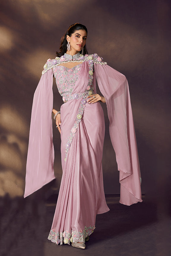 Pink Two Tone Satin Silk Saree | Sequins Embroidery, Pearl & Stone Embellishment with Blouse, Cape & Belt