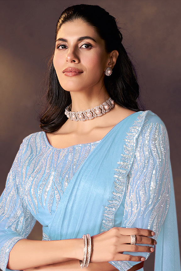 Sky Blue Crush Satin Silk Saree | Sequins & Dual Beads Embellishment with Blouse & Belt