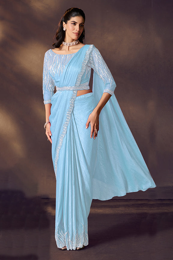 Sky Blue Crush Satin Silk Saree | Sequins & Dual Beads Embellishment with Blouse & Belt