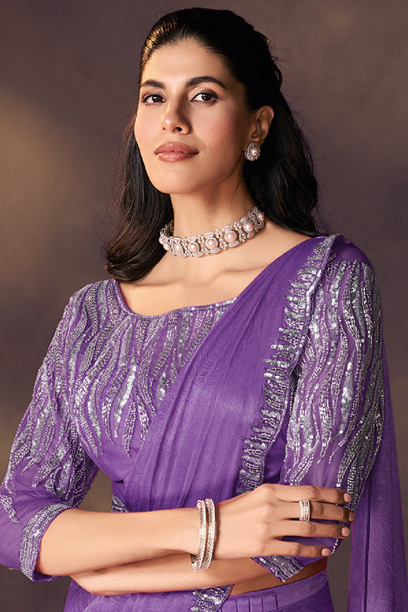 Purple Crush Satin Silk Saree | Sequins & Dual Beads Embellishment with Blouse & Belt