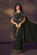 Black Soft Satin Silk Saree | Scallop Sequins Embroidery & Multi Stone Embellishment with Blouse & Belt