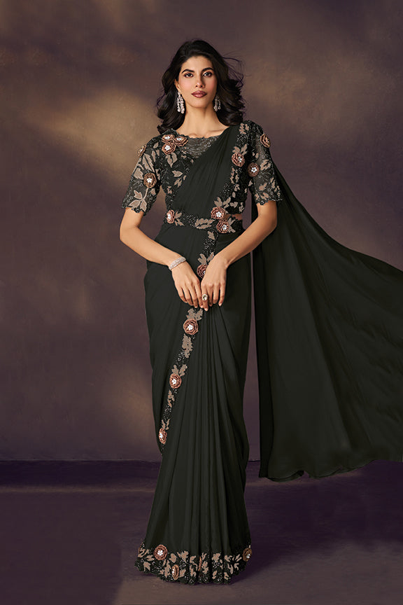 Black Soft Satin Silk Saree | Scallop Sequins Embroidery & Multi Stone Embellishment with Blouse & Belt