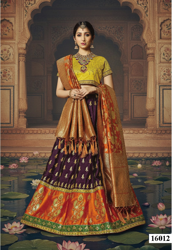 Purple & Yellow Jacquard Weaved Silk Lehenga Choli | Thread & Cord Embroidery Semi-Stitched Ensemble