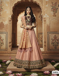 Pink & Brown Jacquard Weaved Silk Lehenga Choli | Thread & Zari Embroidery Semi-Stitched Ensemble