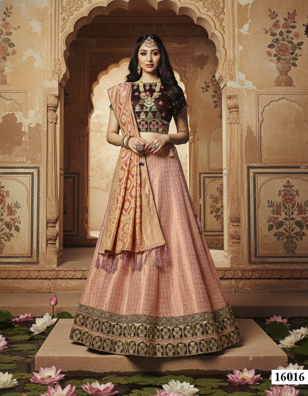 Pink & Brown Jacquard Weaved Silk Lehenga Choli | Thread & Zari Embroidery Semi-Stitched Ensemble