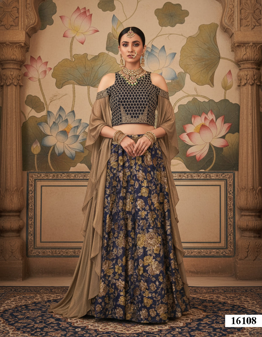 Navy Blue Jacquard Velvet Lehenga Choli | Cord Embroidery Stitched Ensemble