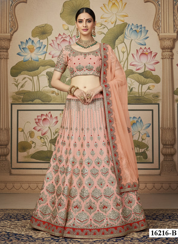 Peach Silk Lehenga Choli | Zari & Cord Embroidery Semi-Stitched Ensemble