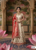 Beige Silk Lehenga Choli with Red Dupatta | Zari & Cord Embroidery Semi-Stitched Ensemble