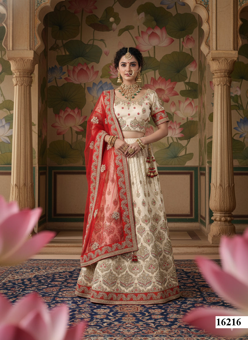 Beige Silk Lehenga Choli with Red Dupatta | Zari & Cord Embroidery Semi-Stitched Ensemble