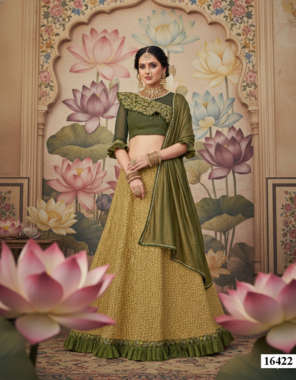 Yellow & Olive Green Fancy Lycra Lehenga Choli | Thread, Cord Embroidery & Bugle Bead Tassels Semi-Stitched Ensemble