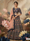 Blue Silk Lehenga Choli with Peach Dupatta | Thread, Cord, Sequins Embroidery Semi-Stitched Ensemble