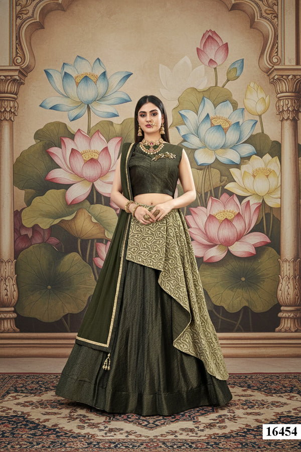 Olive Green Fancy Velvet Lehenga Choli | Hand Embroidery Stitched Ensemble