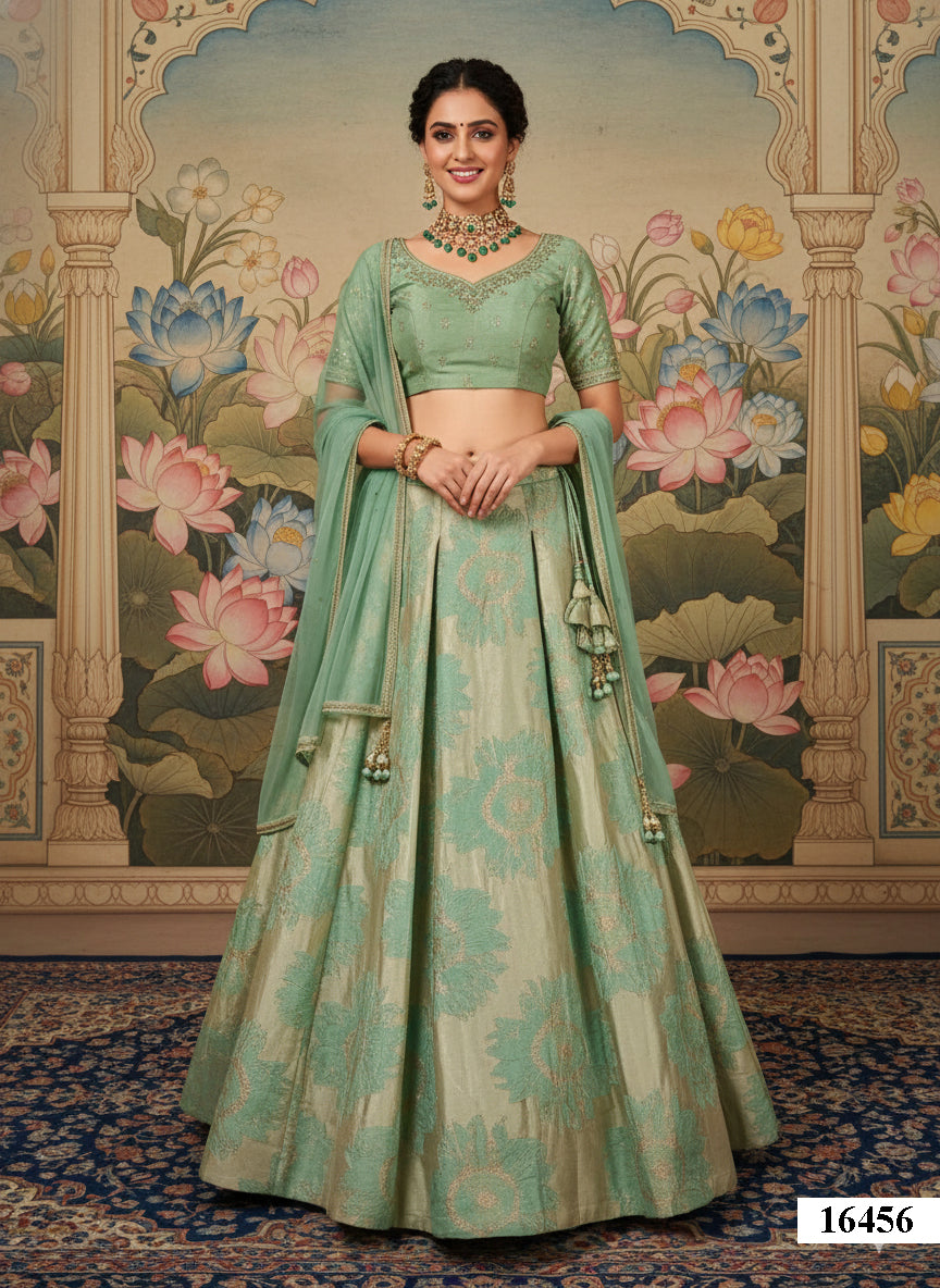 Pista Green Jacquard Silk Lehenga Choli | Thread, Sequins Embroidery & 3D Applique Flowers Semi-Stitched Ensemble