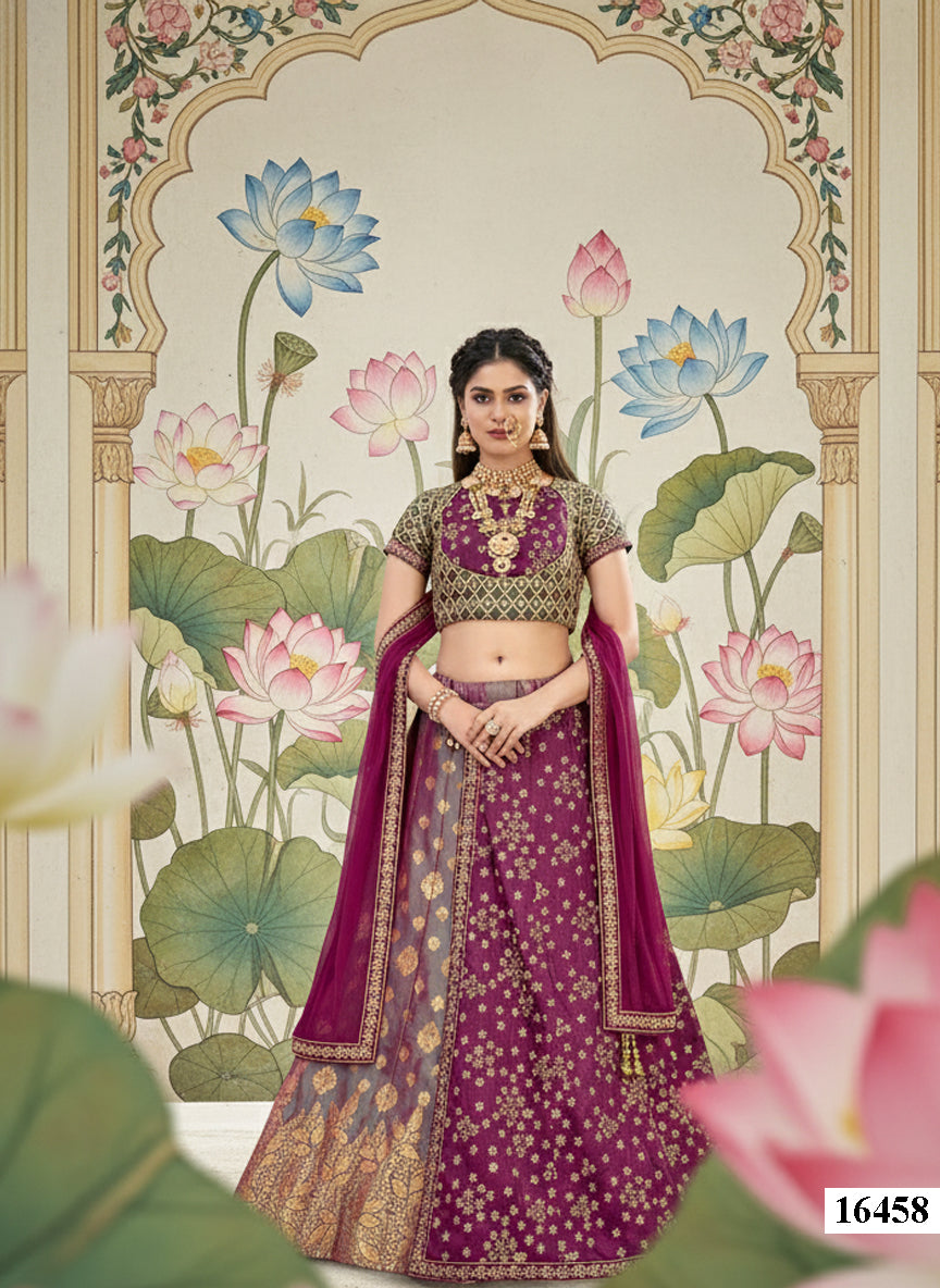 Green & Magenta Dual Tone Brocade Lehenga Choli | Zari, Laser Cut Embroidery & Tassels Semi-Stitched Ensemble