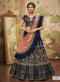 Blue Velvet Lehenga Choli with Peach Dupatta | Thread, Zari, Cord, Sequins Embroidery Semi-Stitched Ensemble