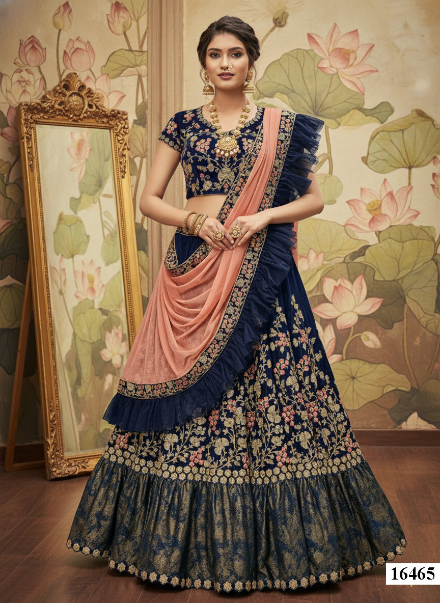 Blue Velvet Lehenga Choli with Peach Dupatta | Thread, Zari, Cord, Sequins Embroidery Semi-Stitched Ensemble