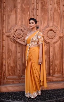 Mustard Crepe Satin Silk Saree | Hand-Embroidered Pearl Work Couture