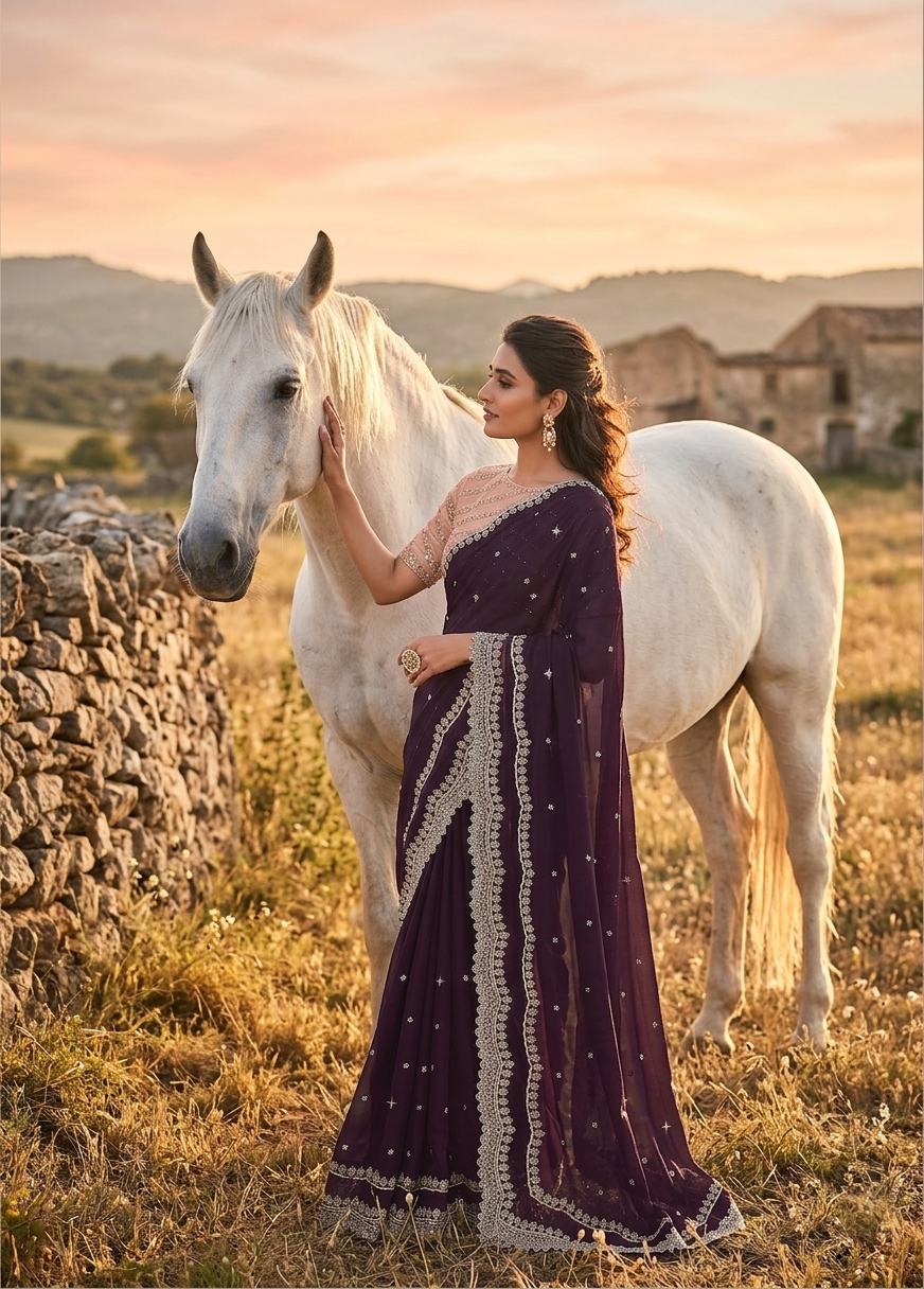 Elegant Silk Saree with Raw Silk Blouse | Heavy Thread Embroidered Couture