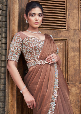 Brown Two Tone Satin Silk Saree | Hand-Embroidered Dual Sequin & Pearl Work Couture
