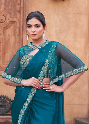 Teal Blue Crepe Satin Silk Saree | Hand-Embroidered Dual Sequin Work Couture