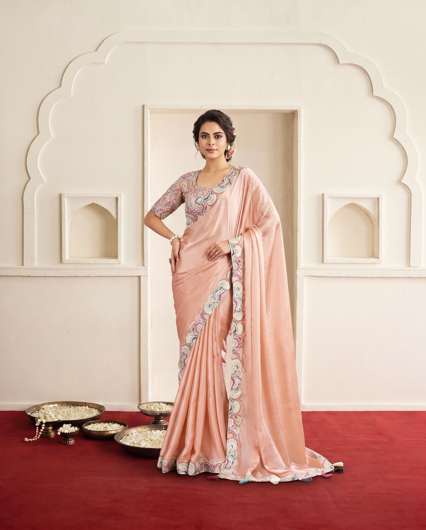 Peach Crepe Satin Silk Saree | Thread, Sequin & Embroidery with Net Blouse