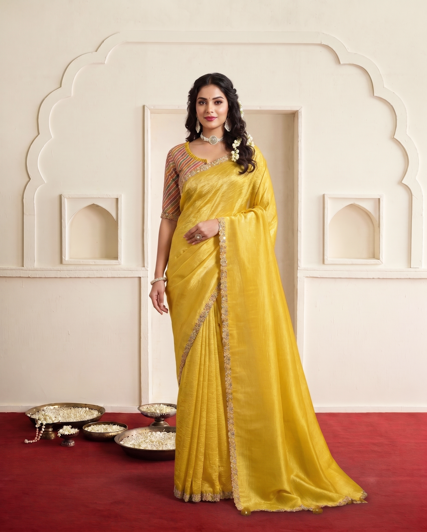 Mustard Crush Paper Silk Saree | Sequin & Handwork with Rangkat Embroidered Blouse