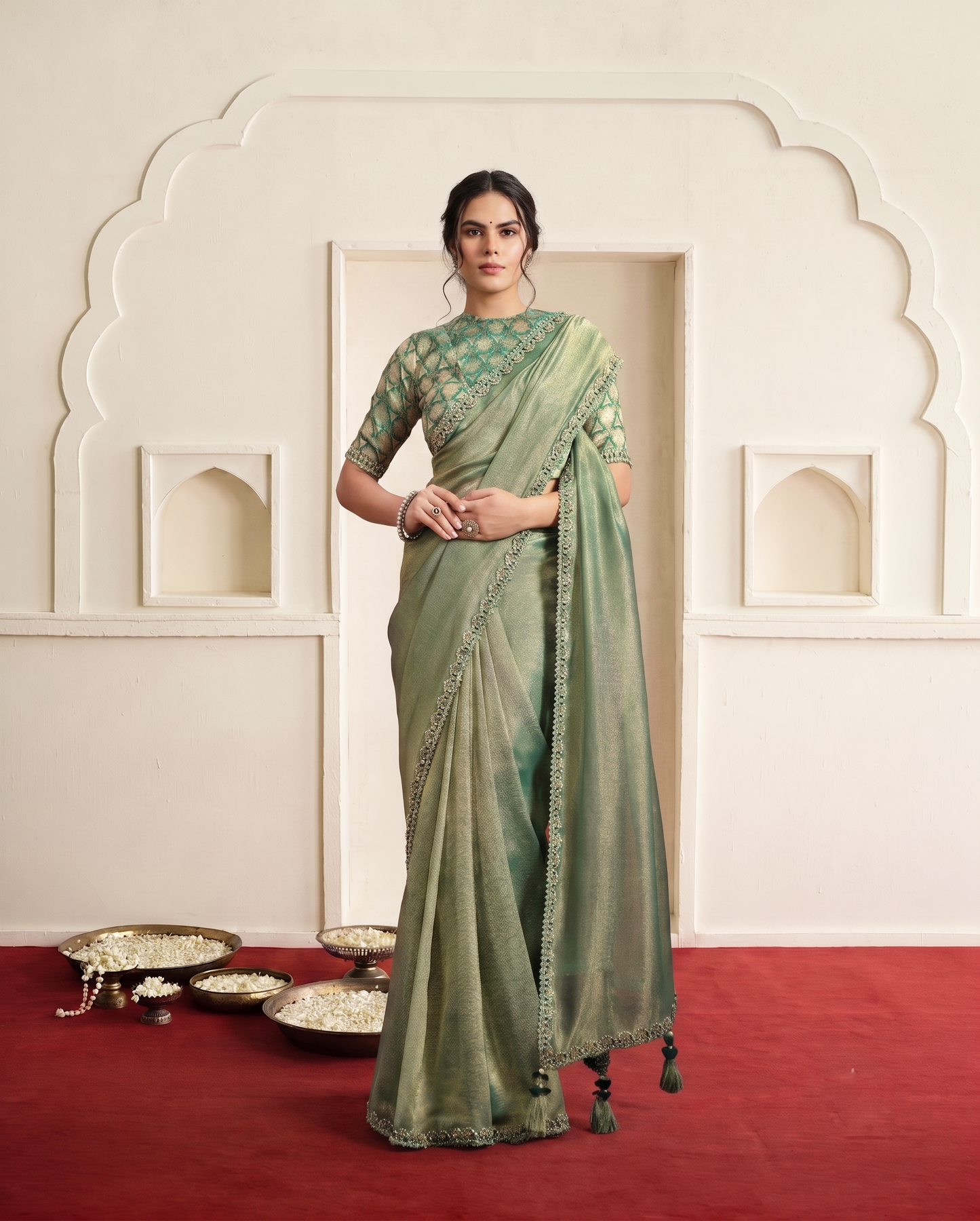 Green Pure Banarasi Jari Pleat Saree | Sequin & Handwork with Weave Rangkat Blouse