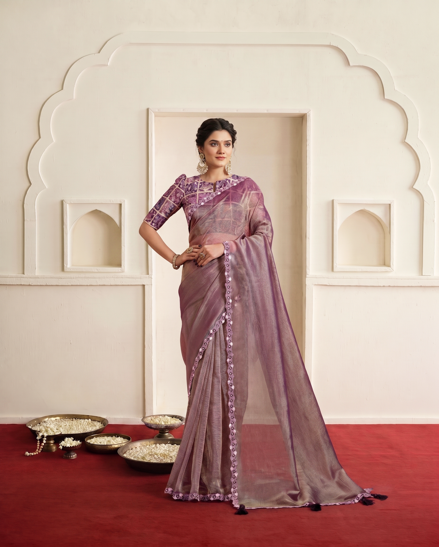 Purple Pure Banarasi Jari Crinkle Saree | Sequin & Handwork with Rangkat Embroidered Blouse