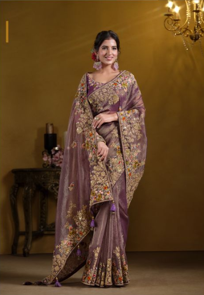 Purple Pure Banarasi Crush Designer Saree | Pure Khatli Work with Sequence Embellishments
