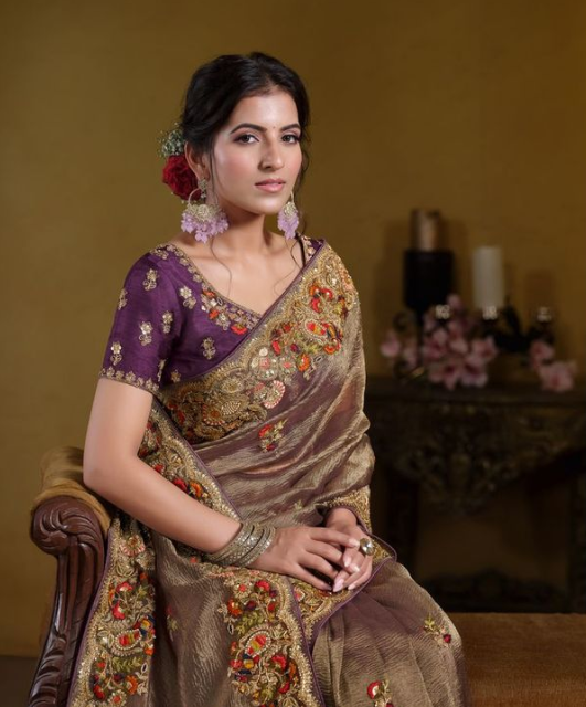 Wine Pure Banarasi Crush Designer Saree | Pure Khatli Work with Sequence Embellishments
