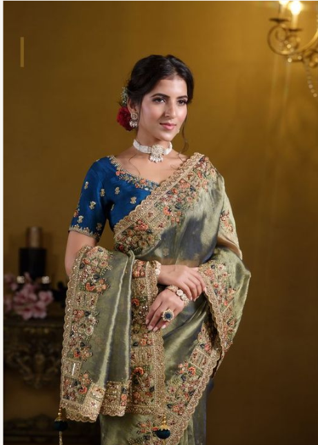 Green Pure Georgette Designer Saree | Pure Khatli Work with Sequence Details