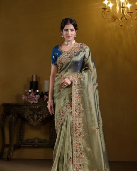 Green Pure Georgette Designer Saree | Pure Khatli Work with Sequence Details