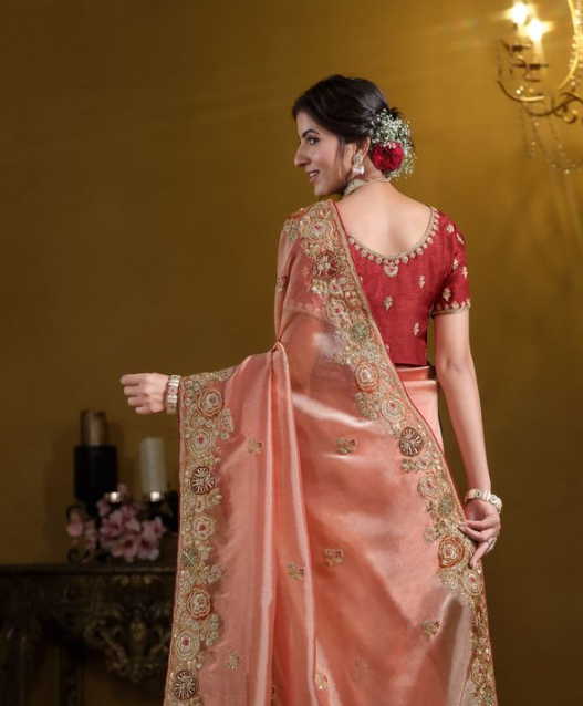 Orange Pure Twill Tissue Designer Saree | Pure Khatli Work with Sequence Embellishments