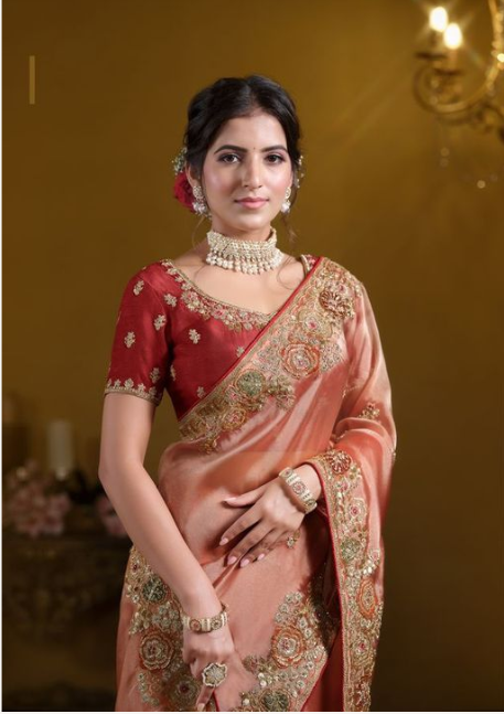 Orange Pure Twill Tissue Designer Saree | Pure Khatli Work with Sequence Embellishments
