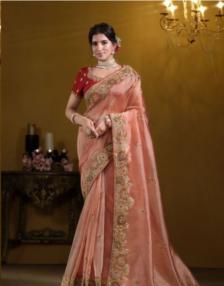 Orange Pure Twill Tissue Designer Saree | Pure Khatli Work with Sequence Embellishments