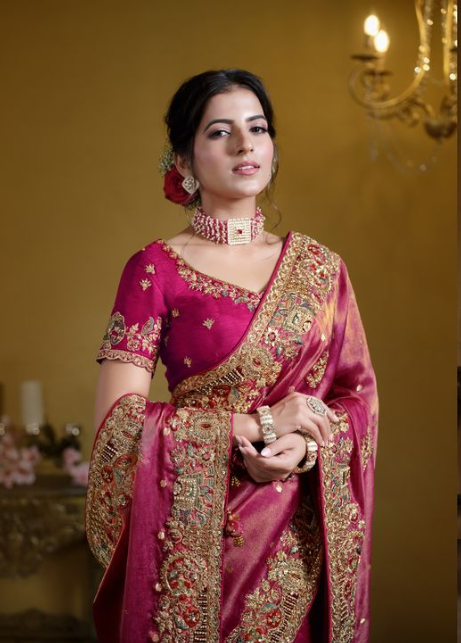 Rani Zari Organza Silk Designer Saree | Pure Khatli Work with Sequence Details