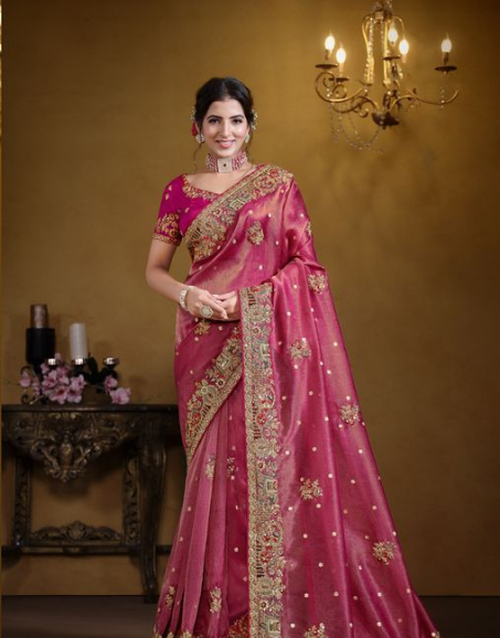 Rani Zari Organza Silk Designer Saree | Pure Khatli Work with Sequence Details