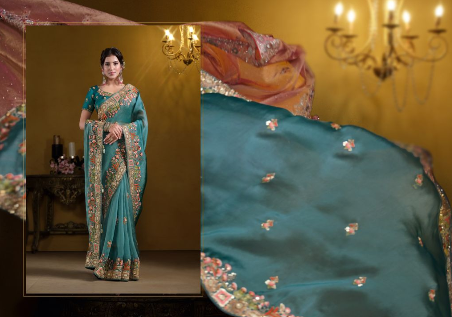 Teal Blue Pure Twill Tissue Designer Saree | Pure Khatli Work with Sequence Embellishments