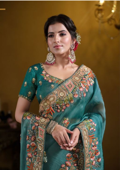 Teal Blue Pure Twill Tissue Designer Saree | Pure Khatli Work with Sequence Embellishments