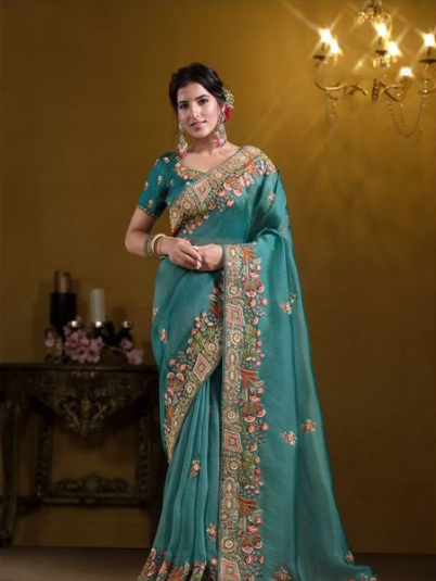 Teal Blue Pure Twill Tissue Designer Saree | Pure Khatli Work with Sequence Embellishments